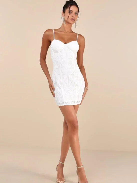 Lulus Aglow With Love Ivory Mesh Sequin Bustier Bodycon Mini Dress White - Picture 1 of 1